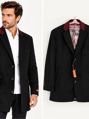 Tallia Men's Velutti Overcoat Solid Black Wool Blend Contrasting Collar NWT $498